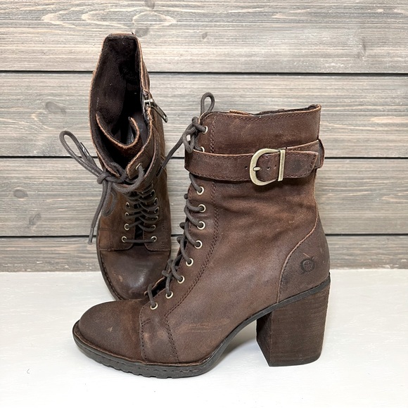 Born Shoes - BORN | NWOT Cass Suede Block Heel Hiking Boot Lace Up Buckle Leather Size 7